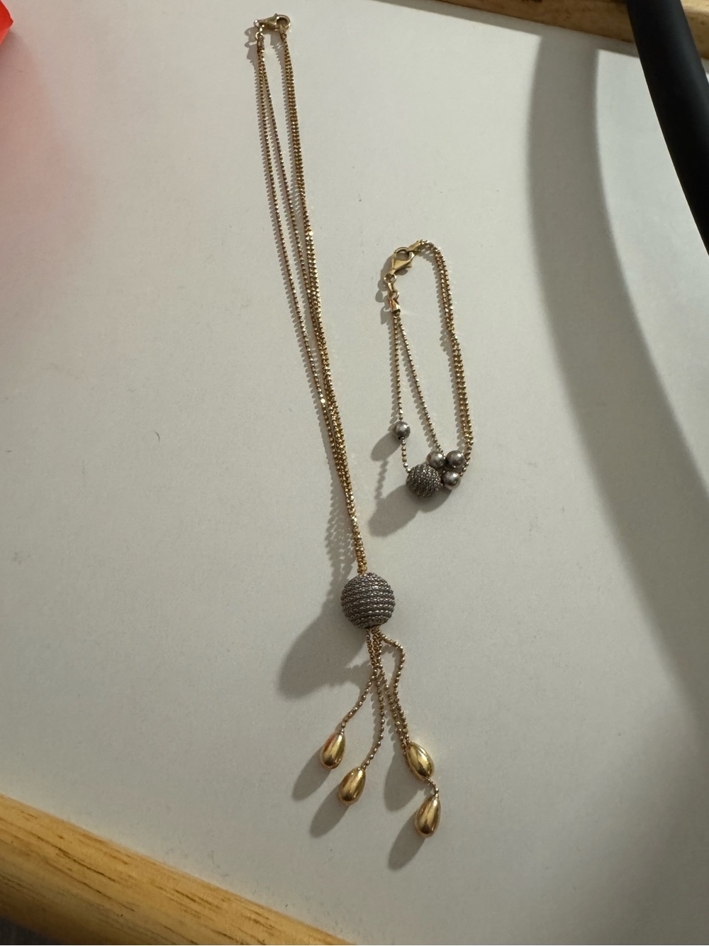925 Lariat Disco Ball Tassle Necklace & Bracelet Set Two Toned